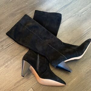 GAP Black Suede Leather Mid Calf Cone Heel Boots - NEW